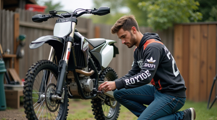 Entretenir sa dirt 250 : les astuces pour une longévité optimale Jeune homme nettoyant une moto dirt 250 en extérieur