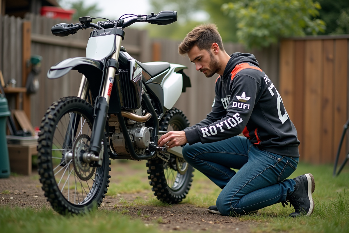 Jeune homme nettoyant une moto dirt 250 en extérieur