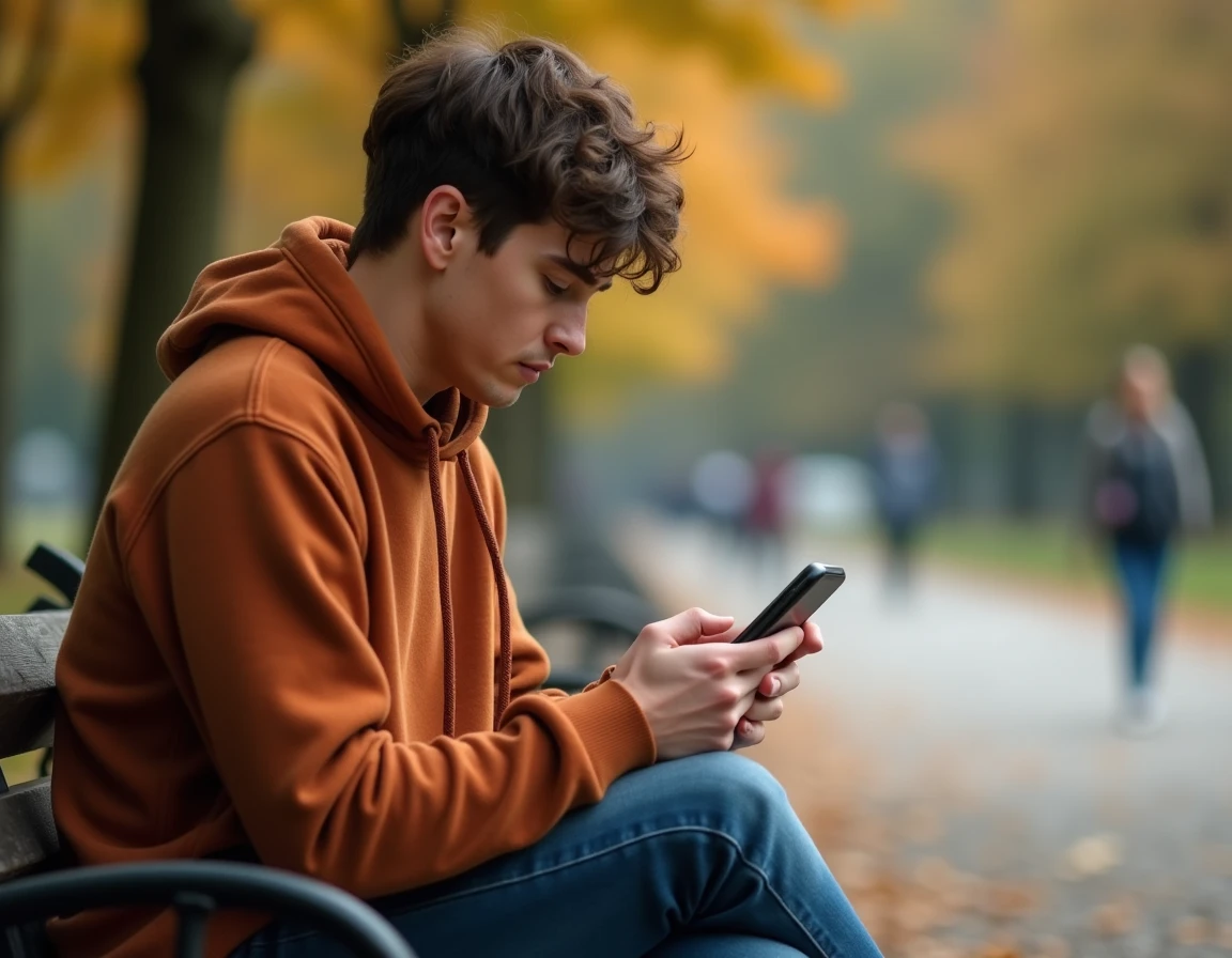 Jeune personne dans un parc consultant son téléphone Android pour vérifier des SMS bloqués