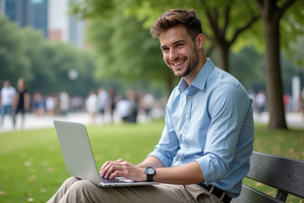 Jeune homme travaille sur son ordinateur dans un parc urbain