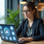 Libre utilisation commerciale de l’IA : tout ce qu’il faut savoir ! Jeune femme professionnelle travaillant sur un ordinateur avec des icônes AI