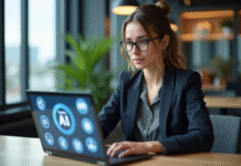 Libre utilisation commerciale de l’IA : tout ce qu’il faut savoir ! Jeune femme professionnelle travaillant sur un ordinateur avec des icônes AI