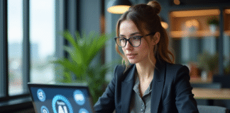 Libre utilisation commerciale de l’IA : tout ce qu’il faut savoir ! Jeune femme professionnelle travaillant sur un ordinateur avec des icônes AI