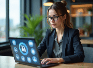 Libre utilisation commerciale de l’IA : tout ce qu’il faut savoir ! Jeune femme professionnelle travaillant sur un ordinateur avec des icônes AI