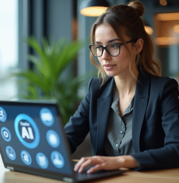 Libre utilisation commerciale de l’IA : tout ce qu’il faut savoir ! Jeune femme professionnelle travaillant sur un ordinateur avec des icônes AI