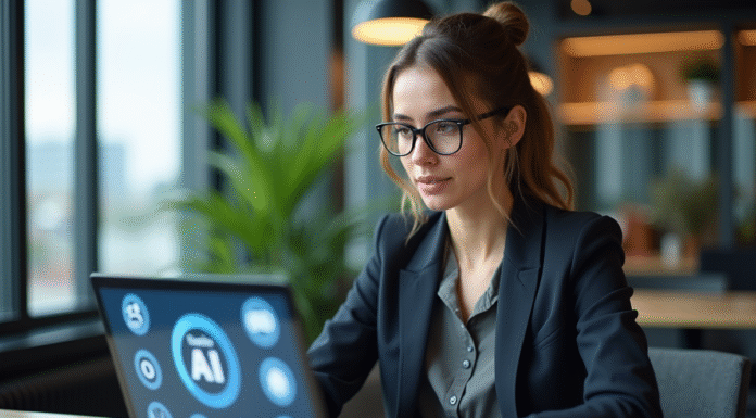 Libre utilisation commerciale de l’IA : tout ce qu’il faut savoir ! Jeune femme professionnelle travaillant sur un ordinateur avec des icônes AI