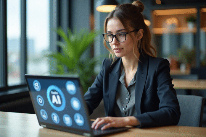 jeune-professionnelle-ordinateur-ai Jeune femme professionnelle travaillant sur un ordinateur avec des icônes AI