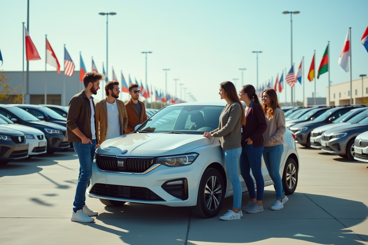 Jeunes adultes examinant une voiture dans un concessionnaire