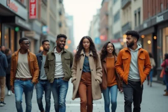 Groupe de jeunes adultes dans une rue urbaine animée