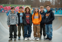 Groupe d'adolescents en streetwear tendance dans un skatepark urbain