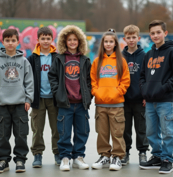 Ados : tendances vestimentaires 2025 chez les jeunes Groupe d'adolescents en streetwear tendance dans un skatepark urbain
