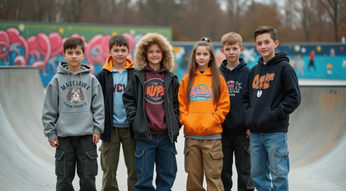 Groupe d'adolescents en streetwear tendance dans un skatepark urbain