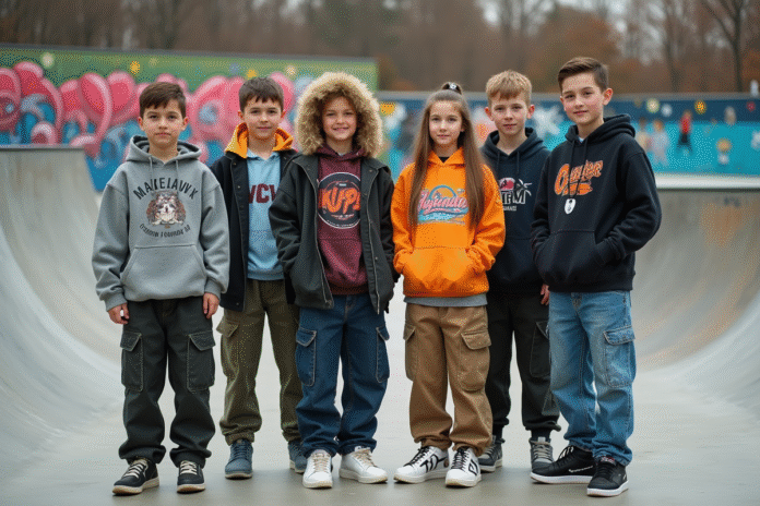 Groupe d'adolescents en streetwear tendance dans un skatepark urbain