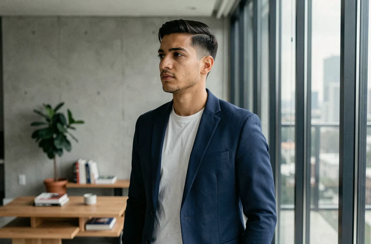 Jules Torres dans son appartement moderne, regard pensif vers la fenêtre, ambiance vie privée 2026