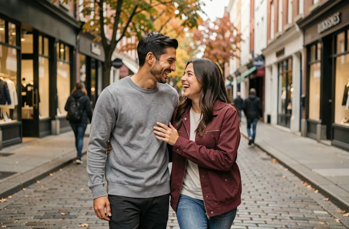 Jules Torres en couple se promenant dans une rue pavée, partageant un moment complice et détendu