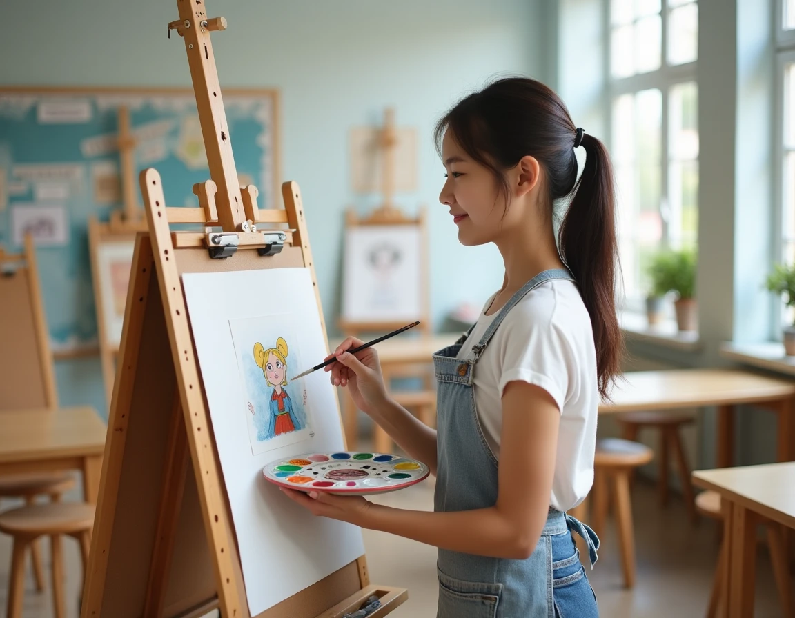Lycéenne en cours d'arts plastiques comparant son dessin colorié de Mortelle Adèle à une référence imprimée