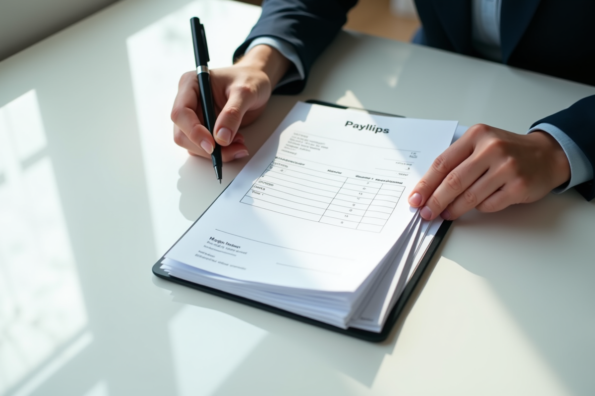 Mains tenant des bulletins de salaire sur une table blanche