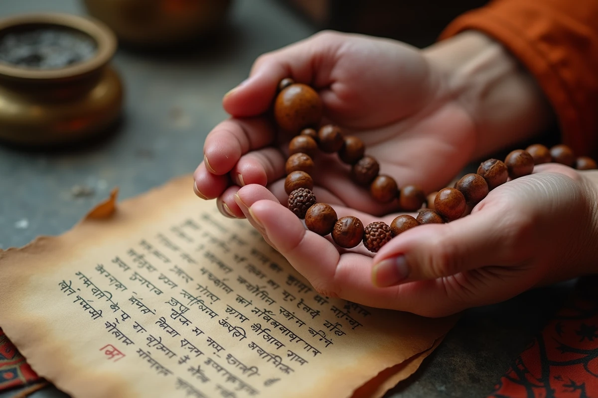 Gros plan de mains tenant un mala de prière en bois avec perles rudraksha pour la répétition d'un mantra traditionnel
