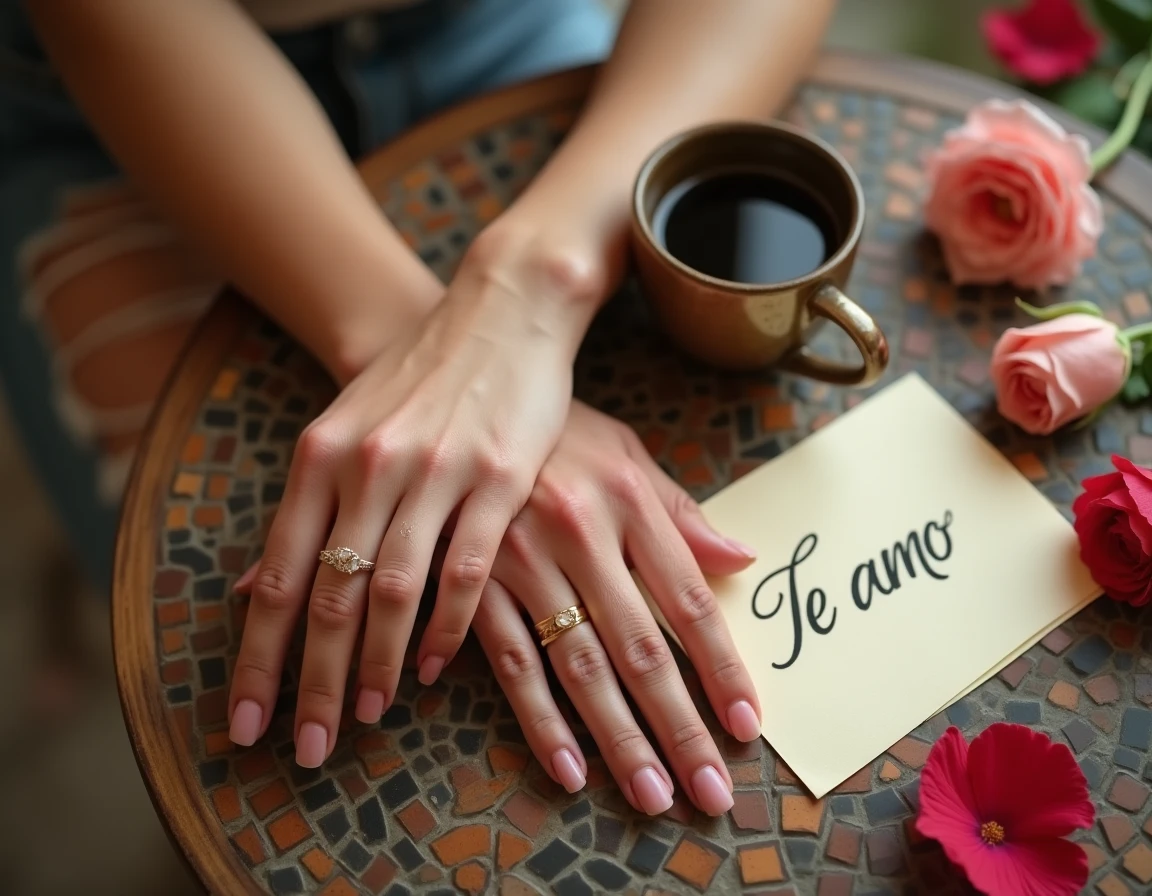 Mains entrelacées de deux époux avec une note manuscrite 'Te amo' en espagnol et une bague dorée sur une table en bois, atmosphère romantique de mariage