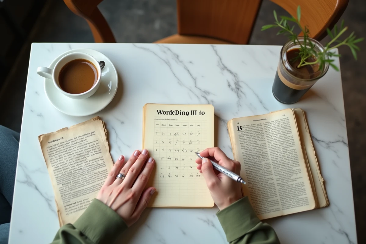 Vue de dessus de mains prenant des notes méthodiques avec des scores d'indice Pédantix sur un carnet quadrillé dans un café urbain