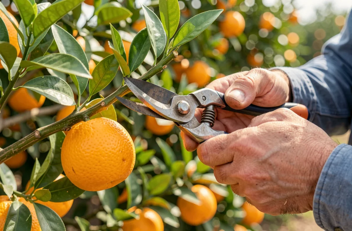 Mains taillant une branche d'oranger avec un sécateur