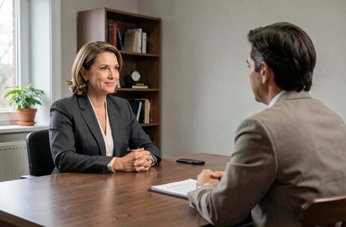Maître Aurélia Mennessier, avocate en droit privé, en consultation avec un client particulier dans un bureau calme et professionnel