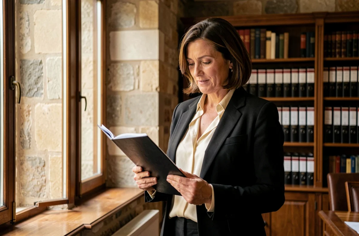 Maître Fabienne Moulin, avocate au barreau de Vienne, debout près d'une fenêtre dans son cabinet avec un dossier juridique