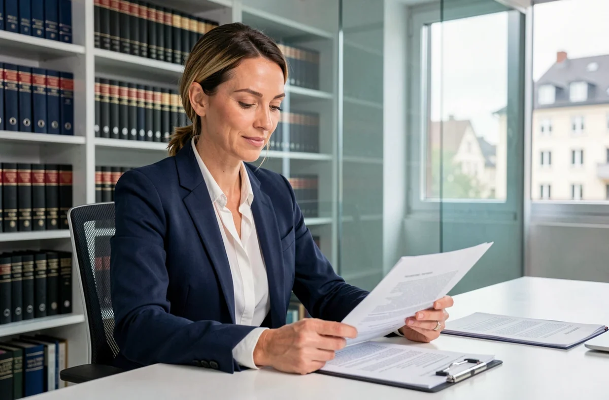 Avocate Laetitia Barrile en droit des affaires publiques et privées assise à son bureau à Grenoble avec des documents juridiques