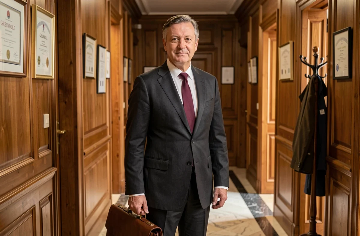 Maître Philippe Simon, avocat généraliste expérimenté du barreau de Grenoble, en costume sombre dans un couloir de cabinet juridique
