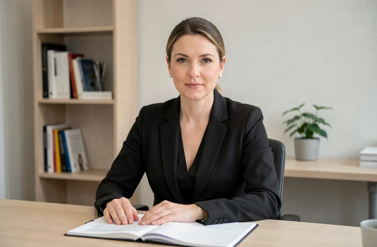 Maître Sophie Bauer, avocate au barreau de Grenoble, assise à son bureau dans un cabinet moderne avec un document juridique ouvert