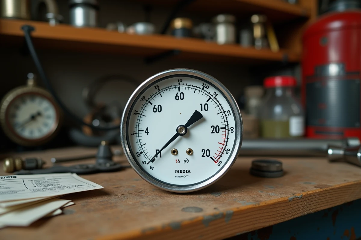Gros plan d'un manomètre analogique affichant 69 psi et sa conversion en bar sur un établi de garage