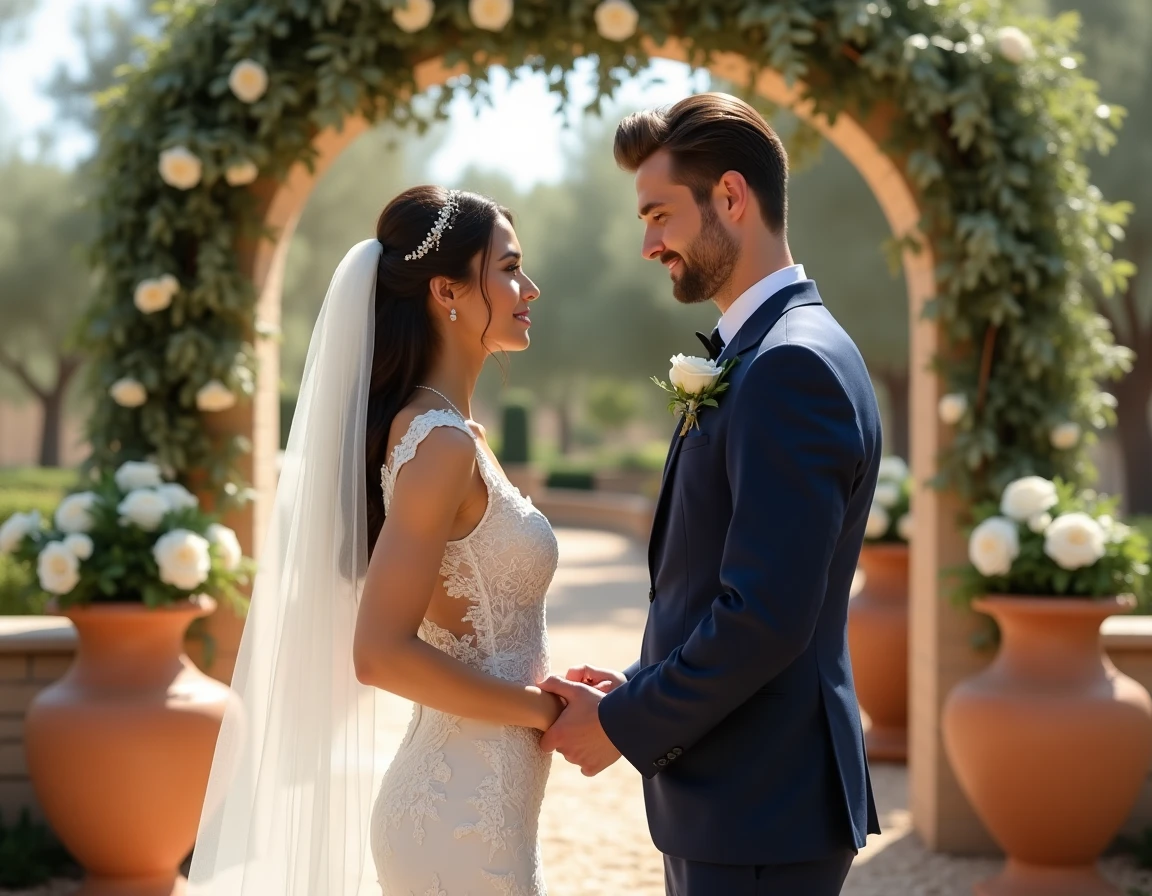 Couple de mariés échangeant leurs vœux dans un jardin méditerranéen avec arche en pierre et roses blanches, atmosphère espagnole romantique