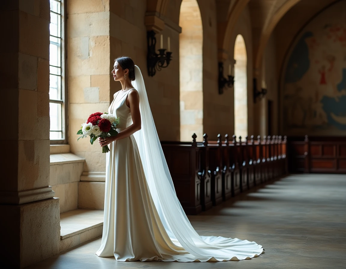 Mariée en robe de soie dans une cathédrale espagnole historique tenant un bouquet de gardénias blancs et de œillets rouges, ambiance solennelle et élégante