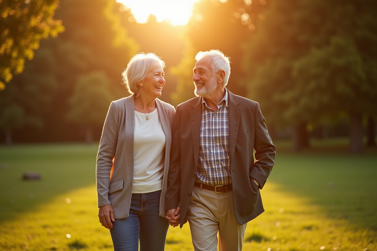 Couple marié marchant dans un parc ensoleille