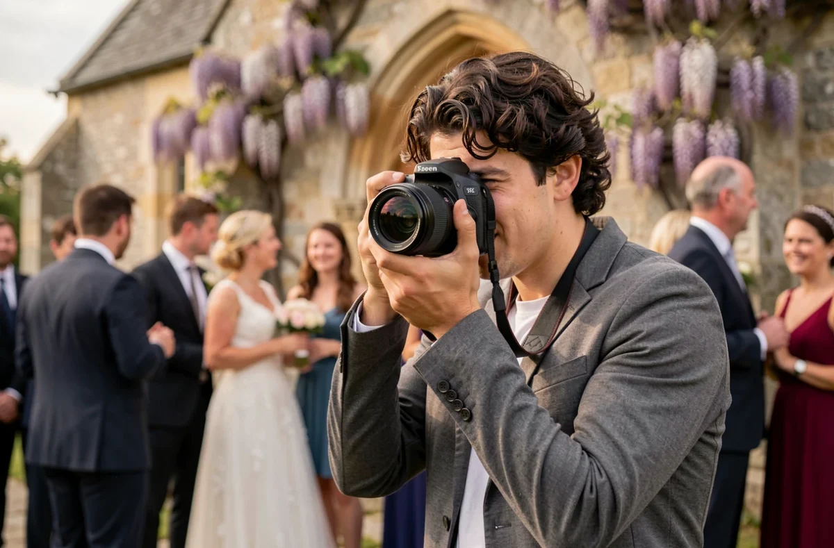 Maxime Music photographe capturant un moment spontané lors d'un mariage en plein air devant une chapelle normande en pierre