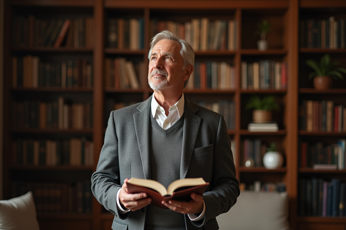 Homme d age en portrait dans une bibliothèque chaleureuse