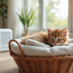 Chaton peluche dans un panier douillet avec serviettes