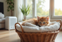 Chaton peluche dans un panier douillet avec serviettes