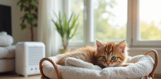 Chaton peluche dans un panier douillet avec serviettes