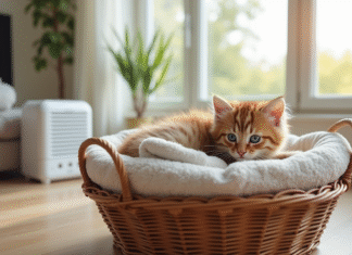 Chaton peluche dans un panier douillet avec serviettes