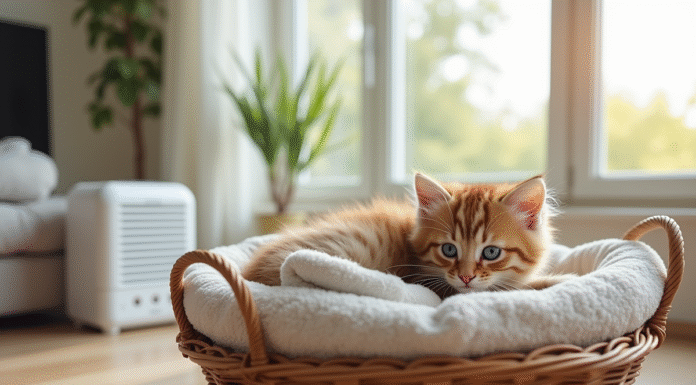 Chaton peluche dans un panier douillet avec serviettes