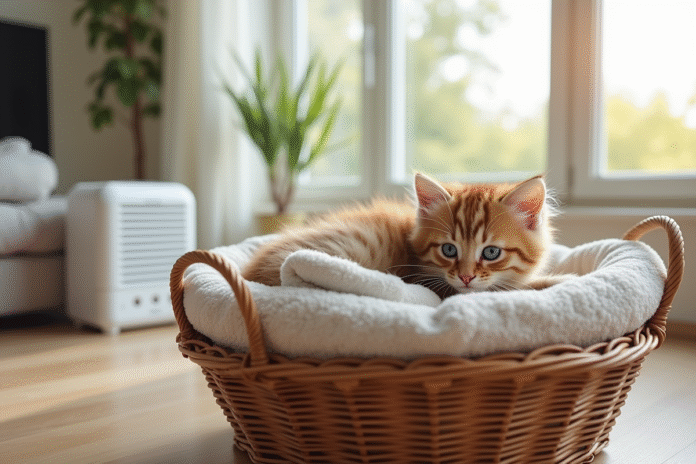 mignon-chaton-cosy-panier Chaton peluche dans un panier douillet avec serviettes