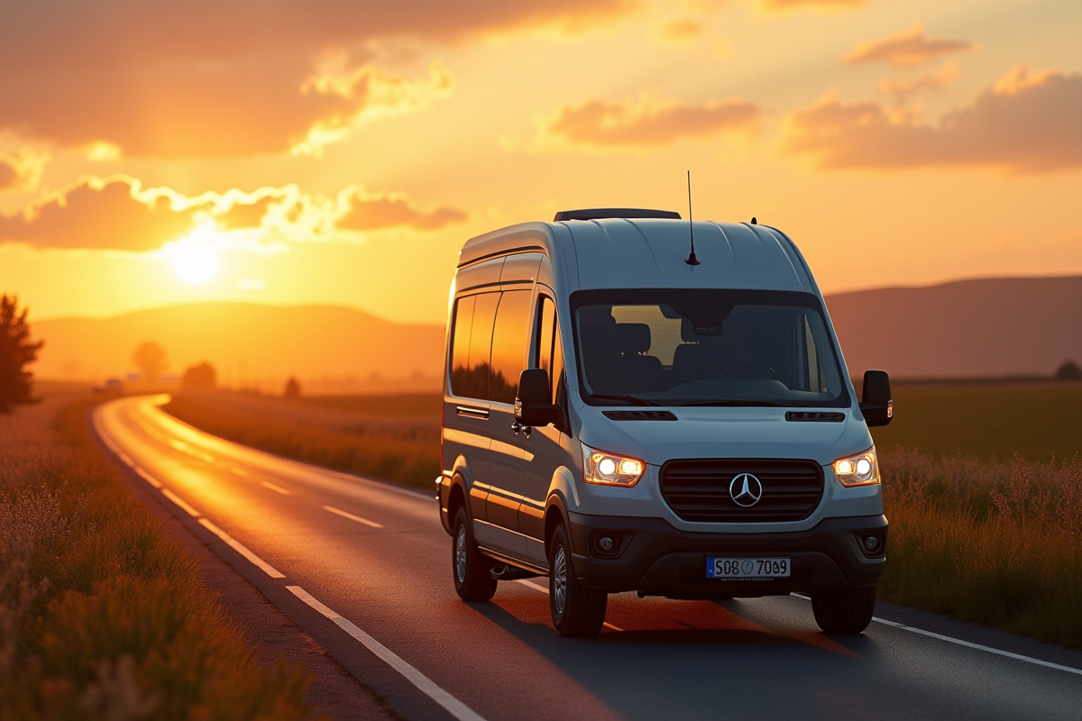 Minivan roulant en campagne au coucher du soleil