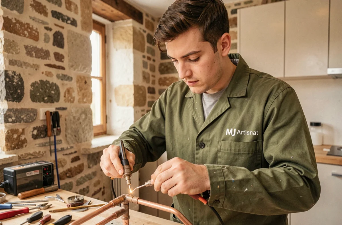 Un artisan de MJ Artisanat soude des raccords en cuivre dans une cuisine rénovée avec murs en pierre bretonne à Rennes