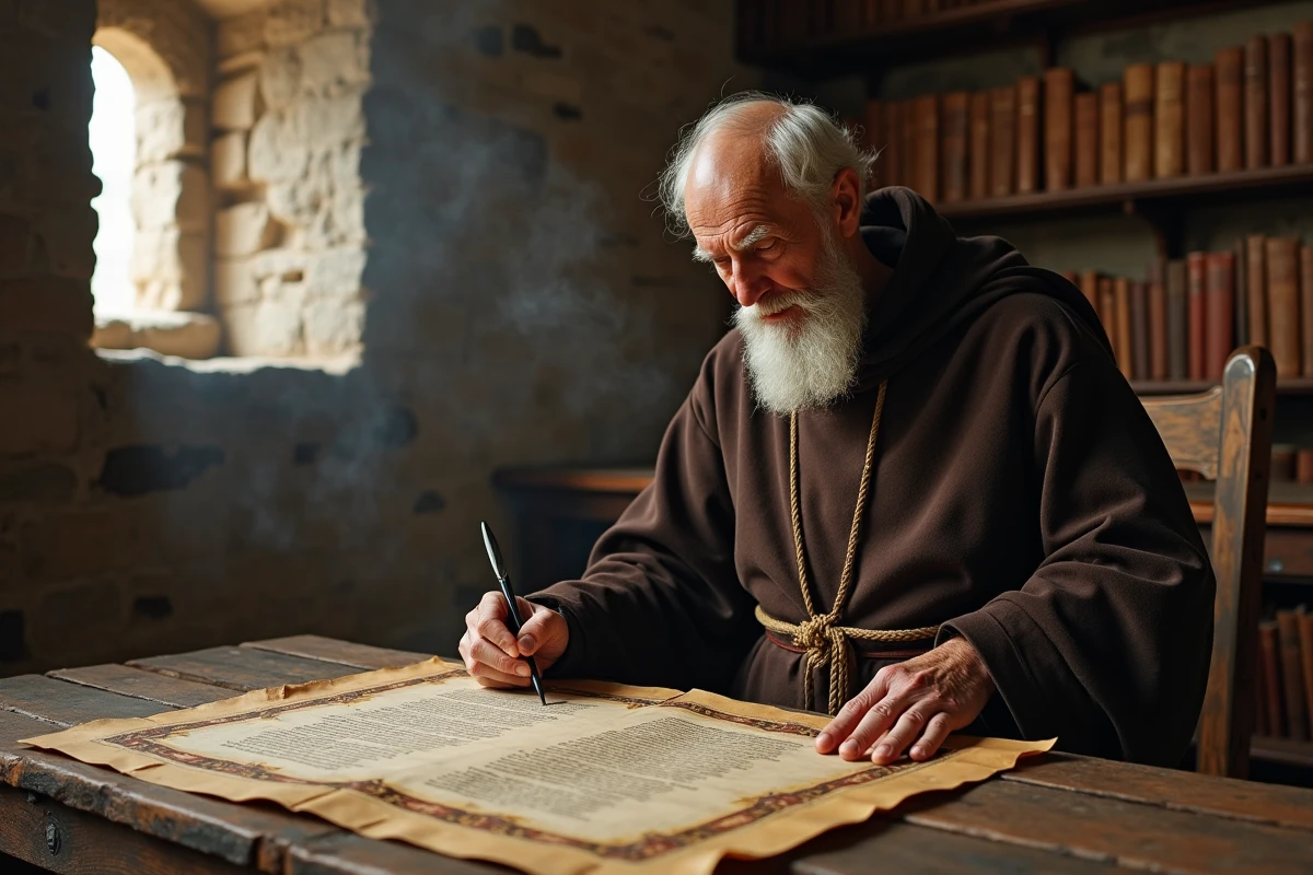 Moine italien âgé écrivant un psaume médiéval à la plume sur un manuscrit enluminé dans un scriptorium monastique en pierre
