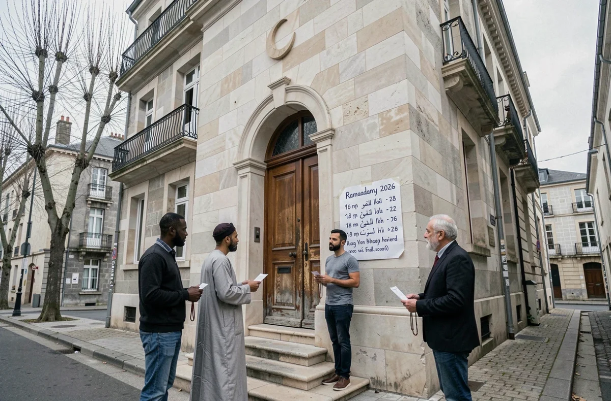 Entrée d'une mosquée à Bordeaux avec le calendrier des horaires de prière du ramadan 2026 affiché à la porte