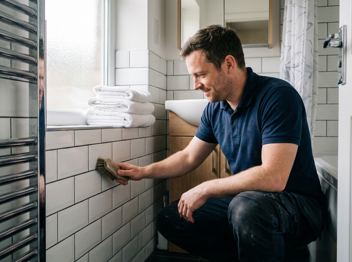 Professionnel de l'entretien nettoyant les joints d'une salle de bain carrelée, représentant un service d'entretien régulier et soigné d'un logement à Metz