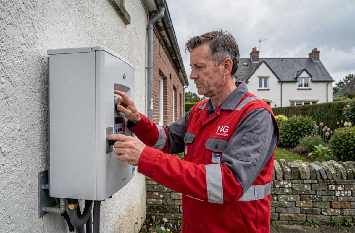 Un technicien NG Thermique en uniforme rouge et gris réglant une pompe à chaleur murale sur la façade extérieure d'une maison rennaise