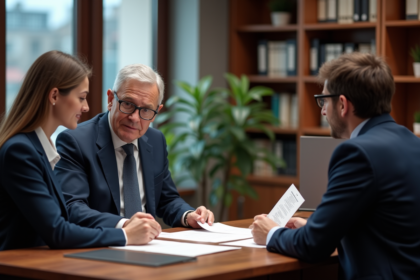 Notaire en costume discutant avec un couple dans son bureau