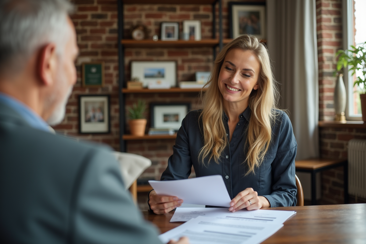 Notaire féminin examinant un formulaire d’évaluation immobilière